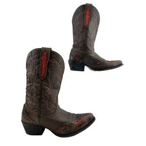 Kids Dan Post Brown / Red Leather Snip Toe Western Cowgirl Boots Size 3.5